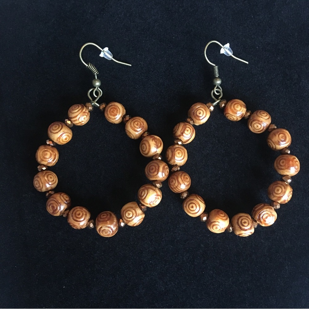 Wooden Look Round Dangle Hoop Earrings